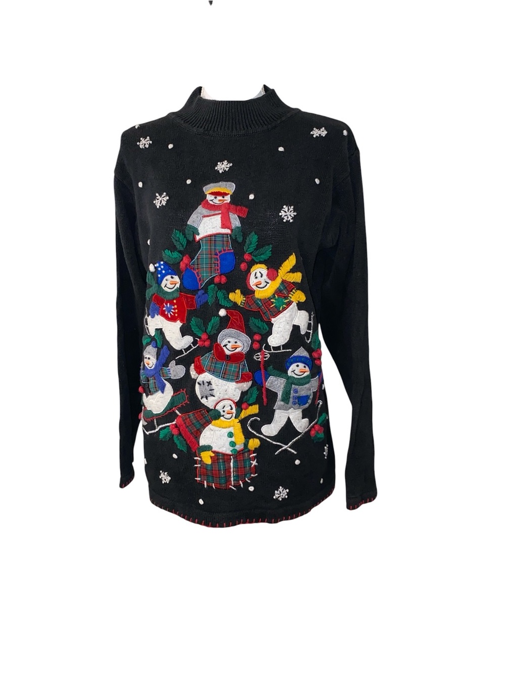 BP Design Vintage Black Snowman Snowflake Christmas Sweater Medium Holiday